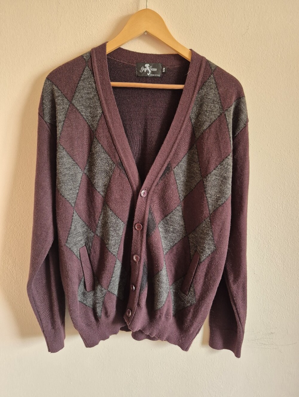 Wool Blend Argyle Grandpa Cardigan Medium Burgundy And Grey